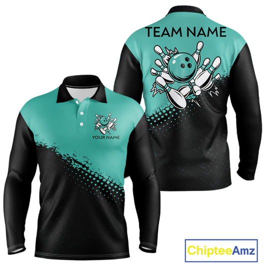 Black and Turquoise Retro Bowling Shirts For Men, Vintage Team Bowling Shirts Custom NQS11635
