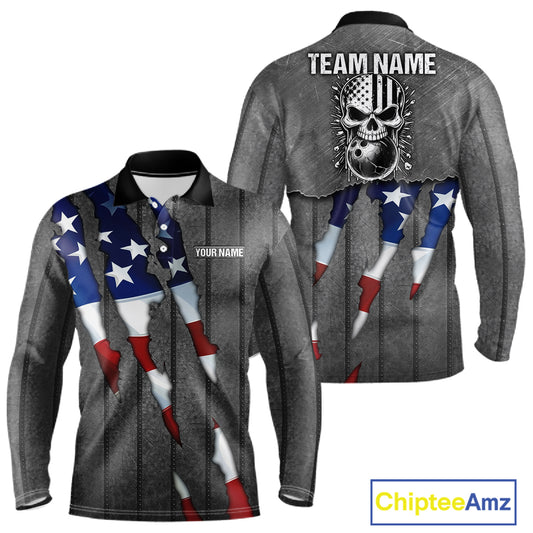 American Flag metal pattern Skull Bowling Shirts For Men Custom patriotic Bowling Team Jerseys NQS11734