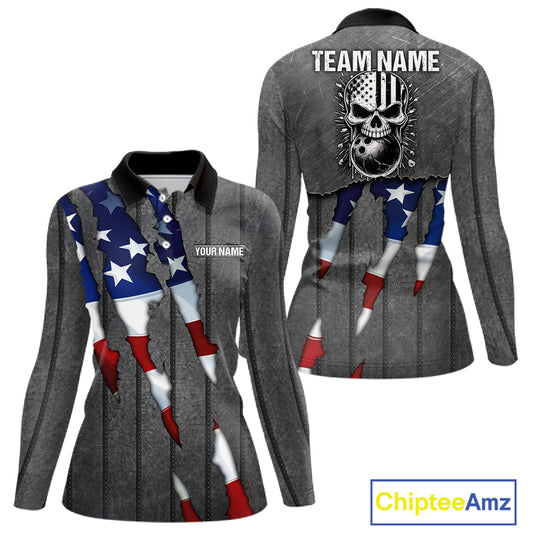 American Flag metal pattern Skull Bowling Shirts For Women Custom patriotic Bowling Team Jerseys NQS11734