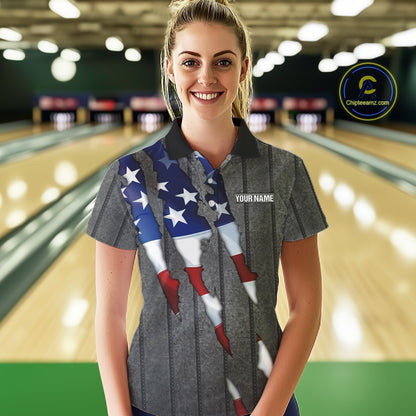 American Flag metal pattern Skull Bowling Shirts For Women Custom patriotic Bowling Team Jerseys NQS11734