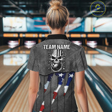 Load image into Gallery viewer, American Flag metal pattern Skull Bowling Shirts For Women Custom patriotic Bowling Team Jerseys NQS11734