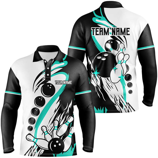 Black and white retro bowling league jerseys custom Men Bowling Shirts, gifts for bowlers | Turquoise NQS8229