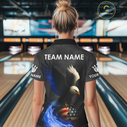 Black and White Eagle Blue Flame American Flag Bowling Shirt For Women Custom Team Bowling Jersey NQS10857