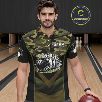 Black green camo Mens polo, quarter Zip bowling shirts Custom bowling team league jerseys NQS11050