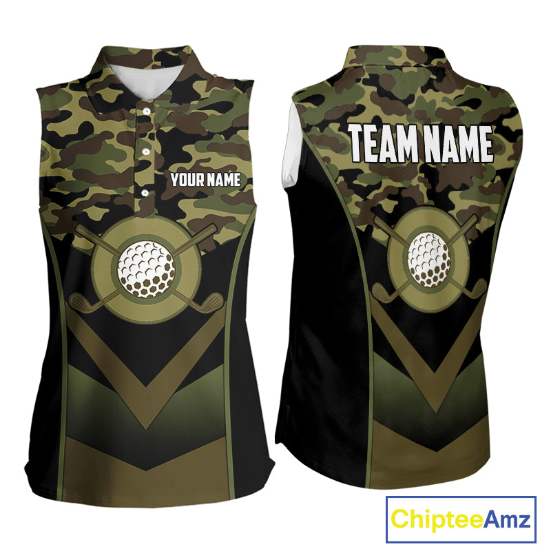 Black green camo Women Sleeveless Polo shirt Custom golf outfit ladies, personalized golf gifts NQS11051