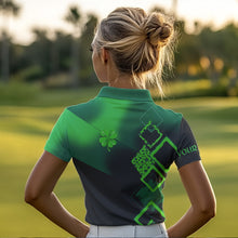 Load image into Gallery viewer, Womens golf polo shirts custom name green clover St Patrick day golf shirts, golfing gifts | Black NQS9514