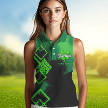 Load image into Gallery viewer, Women Sleeveless polo shirt custom name green clover St Patrick day golf shirts, golfing gifts | Black NQS9514