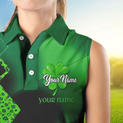 Women Sleeveless polo shirt custom name green clover St Patrick day golf shirts, golfing gifts | Black NQS9514