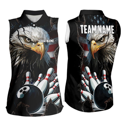Personalized Eagle American flag Bowling Sleeveless Polo Shirt Custom Patriotic Bowling League Jersey NQS9520
