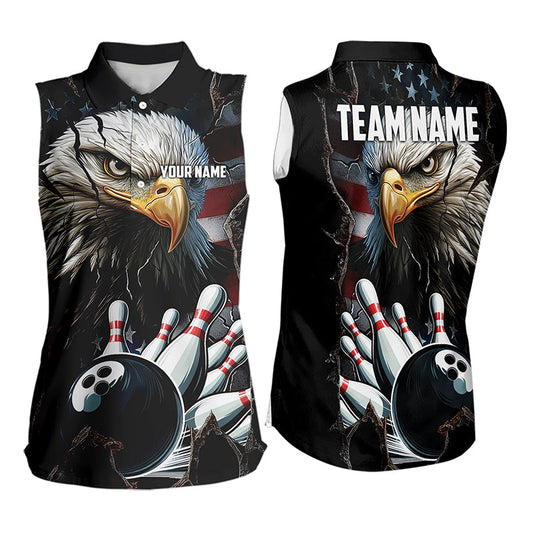 Personalized Eagle American flag Bowling Sleeveless Polo Shirt Custom Patriotic Bowling League Jersey NQS9520