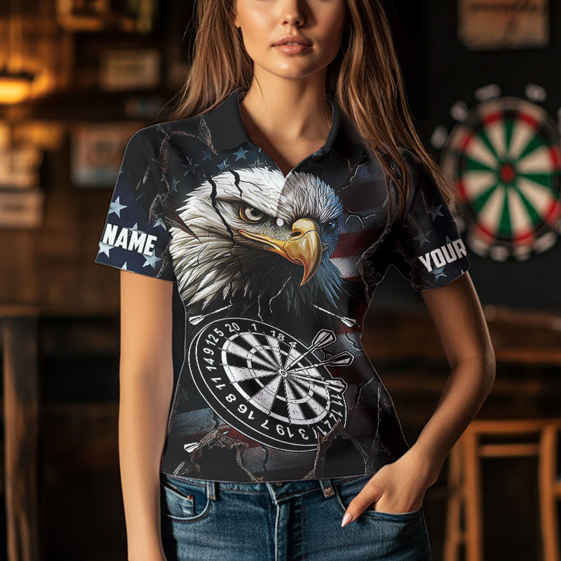 Personalized Eagle American flag Dart Polo, Quarter Zip Shirt for Women Custom Patriotic Darts Jersey NQS9521