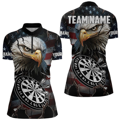 Personalized Eagle American flag Dart Polo, Quarter Zip Shirt for Women Custom Patriotic Darts Jersey NQS9521
