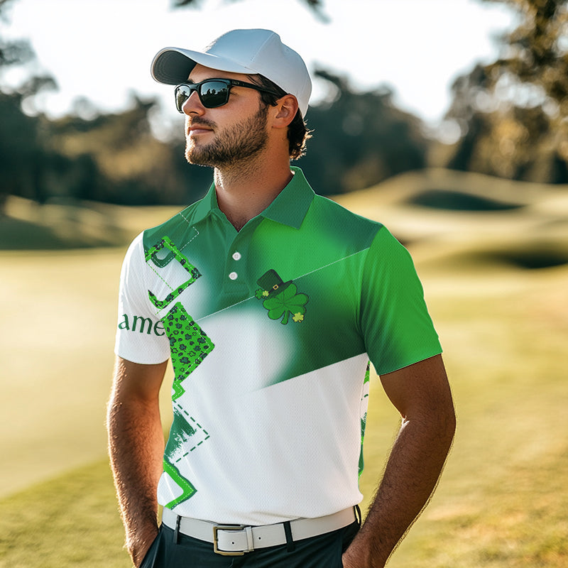 Mens golf polo shirt custom name white and green shamrock St Patrick day golf shirts, golfing gifts NQS9676