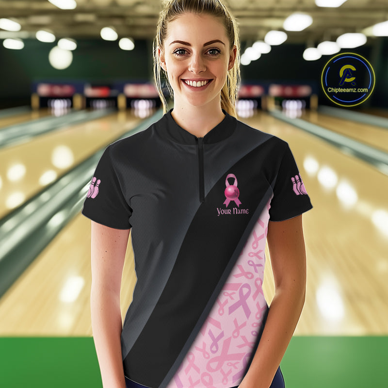 Black and Pink Ribbon Breast cancer Bowling Polo, 1/4 Zip Shirt for Women Custom Bowling Team Jersey NQS9961