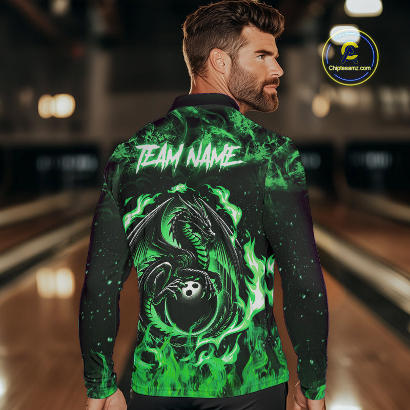 Black and Green Flame Dragon bowling shirts for Men Custom Bowling Team Jersey, gift for Bowler NQS10246