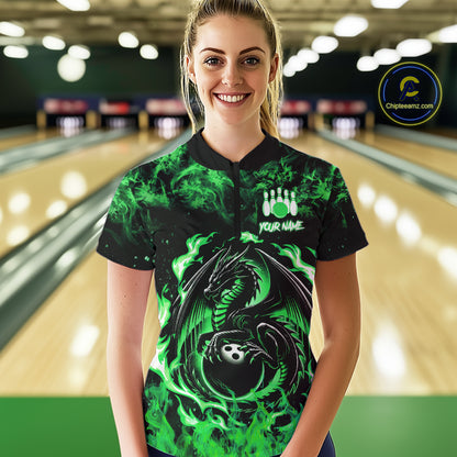 Black and Green Flame Dragon bowling shirts for Women Custom Bowling Team Jersey, gift for Bowler NQS10246
