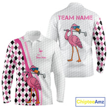 Load image into Gallery viewer, Funny Mens golf polo shirt custom pink and black argyle pattern flamingo white golf shirts NQS10252