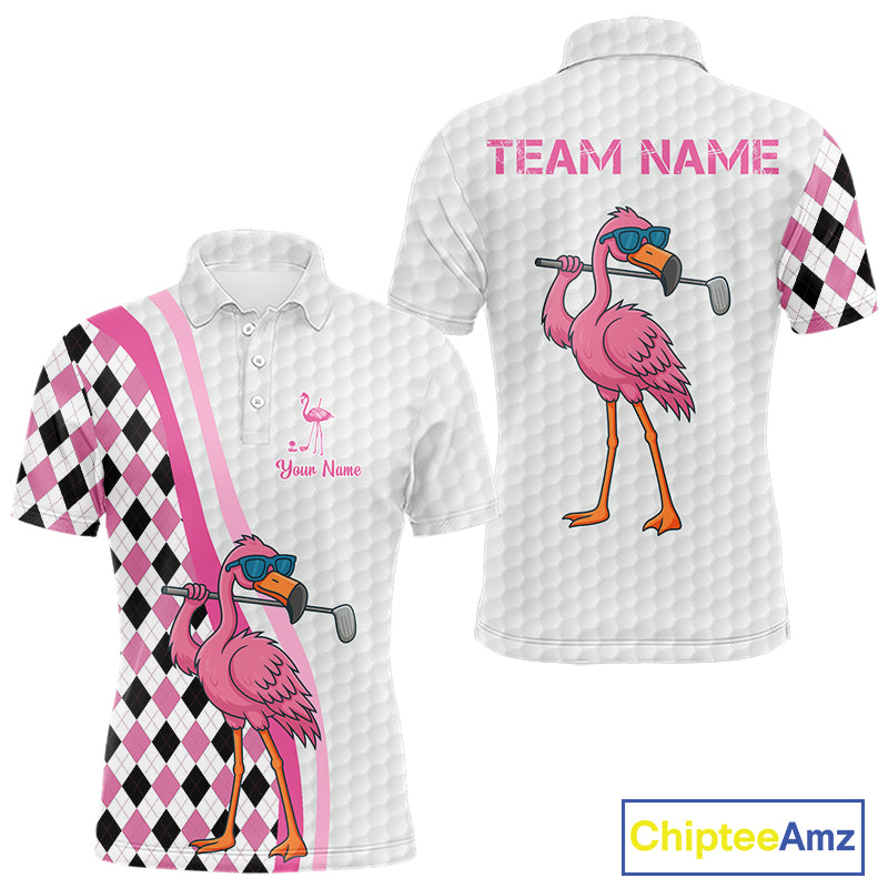 Funny Mens golf polo shirt custom pink and black argyle pattern flamingo white golf shirts NQS10252