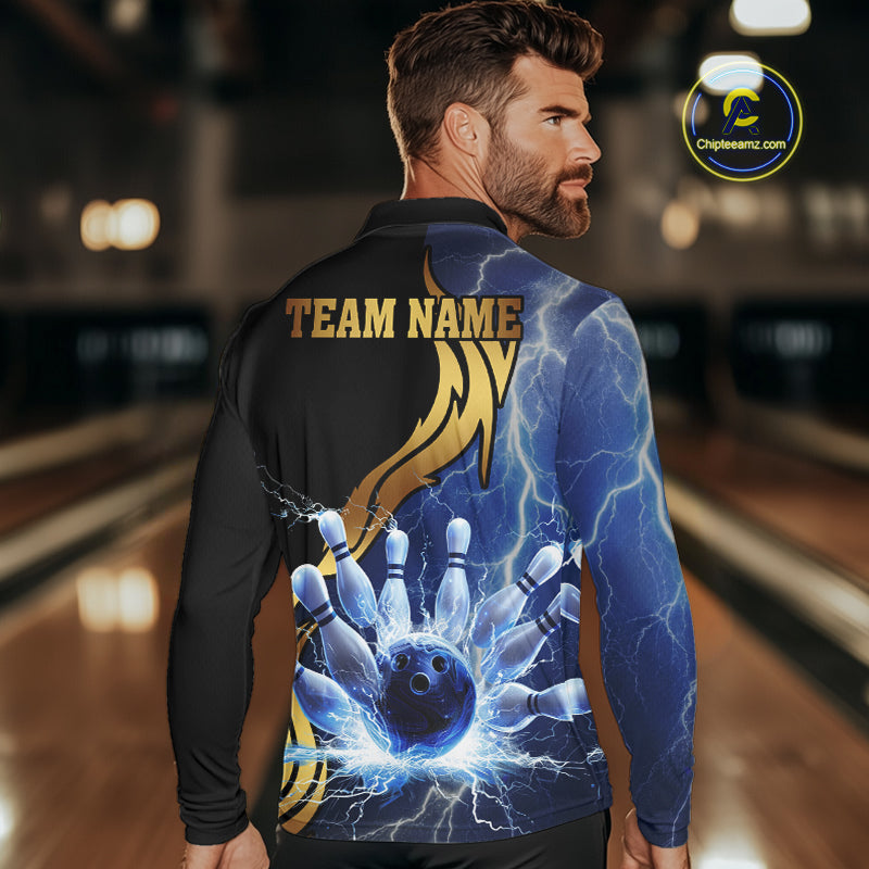 Custom Blue Lightning thunder and Gold Bowling Team Jerseys, Personalized Bowling Shirts for Men NQS10447