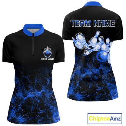 Personalized Women's bowling shirts Blue lightning Bowling Ball Pins bowling jerseys for Bowler NQS10633