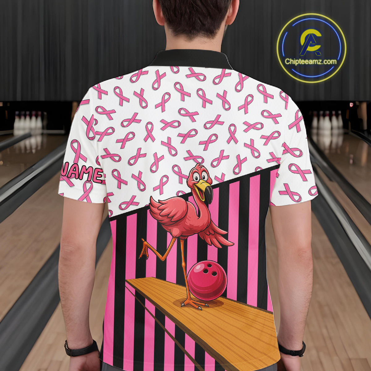 Pink ribbon pattern funny flamingo Bowling shirts for Men Custom breast cancer Team bowling outfit NQS11245