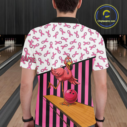 Pink ribbon pattern funny flamingo Bowling shirts for Men Custom breast cancer Team bowling outfit NQS11245