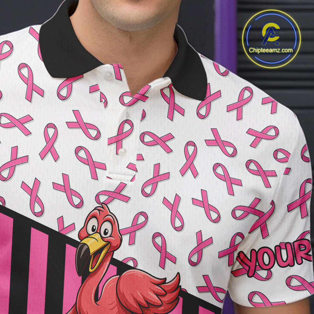 Pink ribbon pattern funny flamingo Bowling shirts for Men Custom breast cancer Team bowling outfit NQS11245