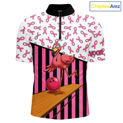Pink ribbon pattern funny flamingo Bowling shirts for Men Custom breast cancer Team bowling outfit NQS11245