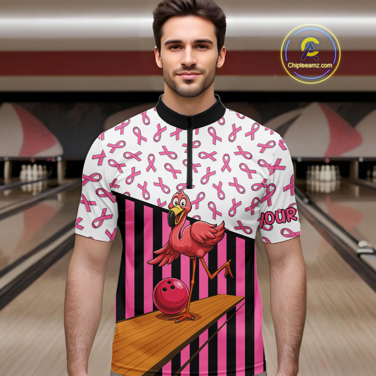 Pink ribbon pattern funny flamingo Bowling shirts for Men Custom breast cancer Team bowling outfit NQS11245
