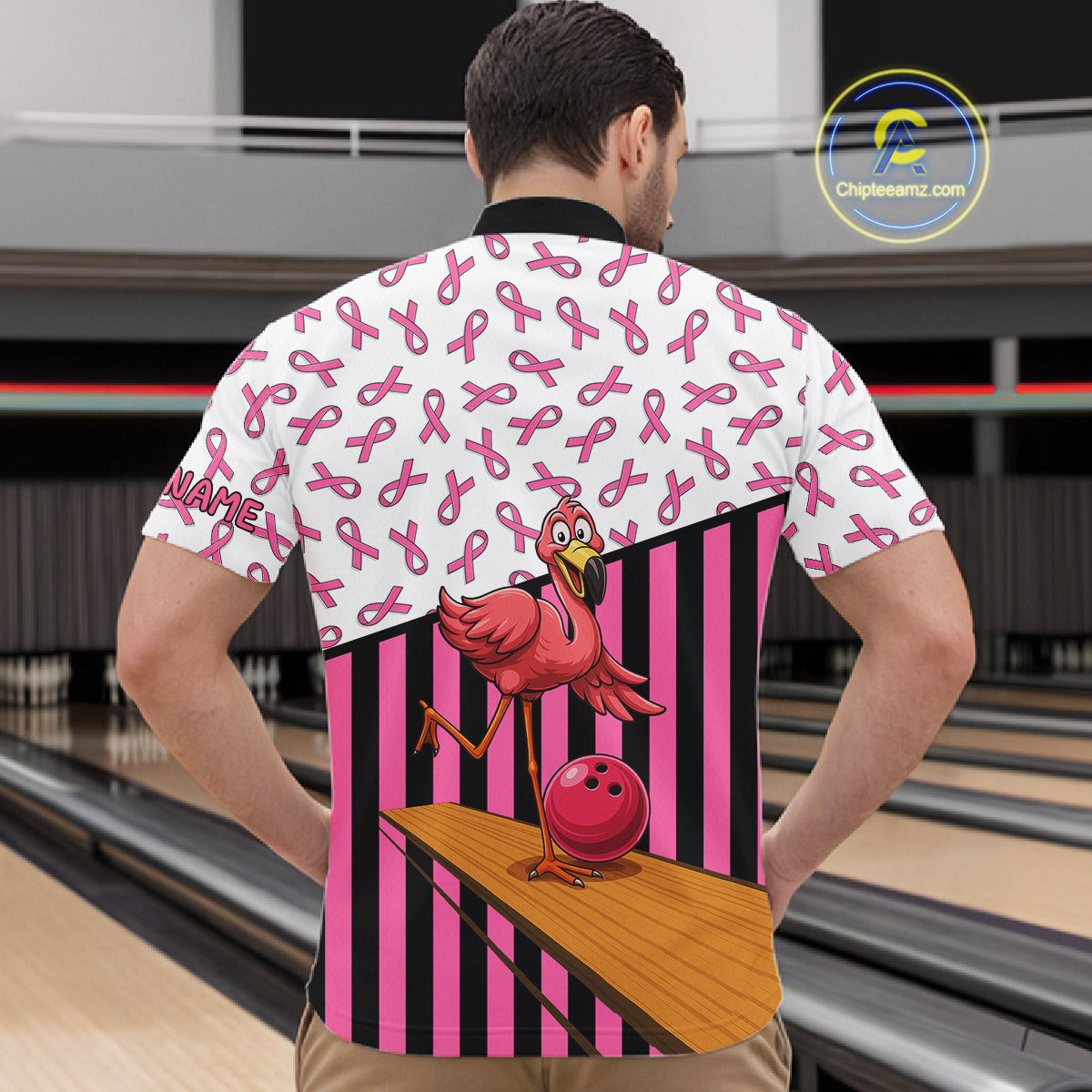 Pink ribbon pattern funny flamingo Bowling shirts for Men Custom breast cancer Team bowling outfit NQS11245