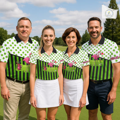 Green shamrock pattern flamingo Women golf polo shirts Custom St Patrick's Day golf outfit for ladies NQS11246
