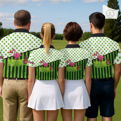 Green shamrock pattern flamingo Women golf polo shirts Custom St Patrick's Day golf outfit for ladies NQS11246
