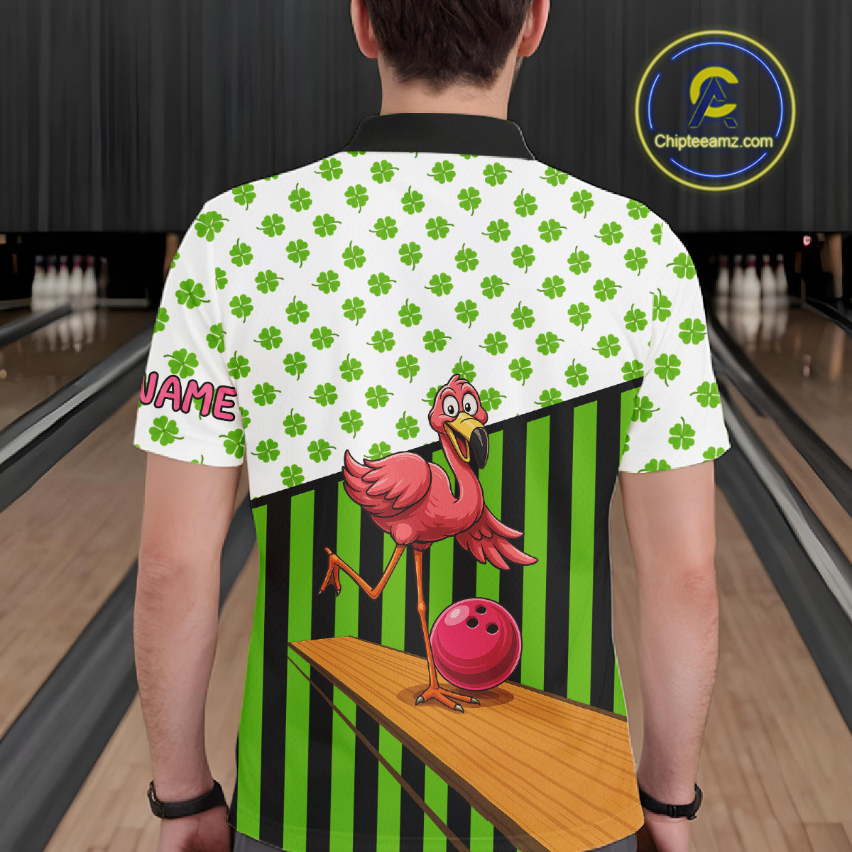 Green shamrock pattern flamingo Bowling shirts for Men Custom St Patrick's Day Team bowling outfit NQS11247