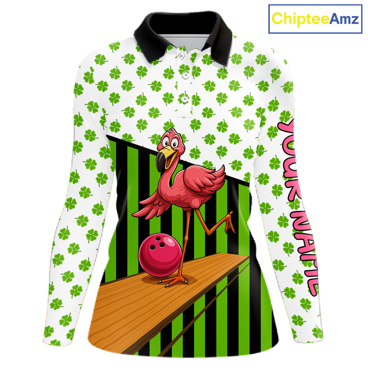 Green shamrock pattern flamingo Bowling shirts for Women Custom St Patrick's Day Team bowling outfit NQS11247