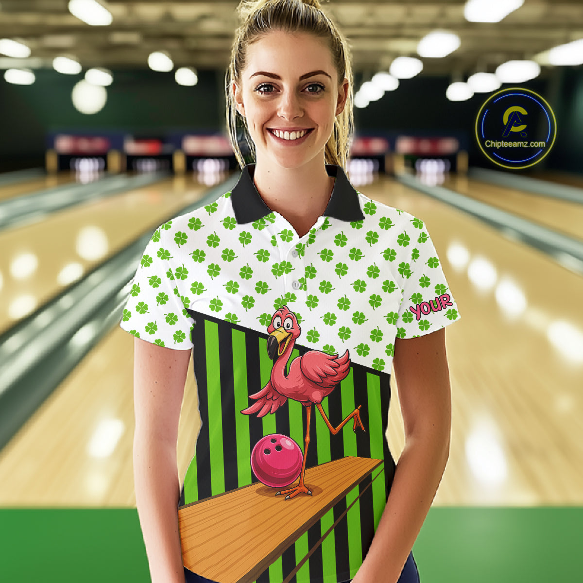 Green shamrock pattern flamingo Bowling shirts for Women Custom St Patrick's Day Team bowling outfit NQS11247