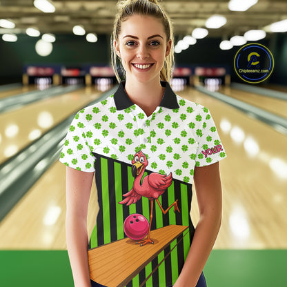 Green shamrock pattern flamingo Bowling shirts for Women Custom St Patrick's Day Team bowling outfit NQS11247