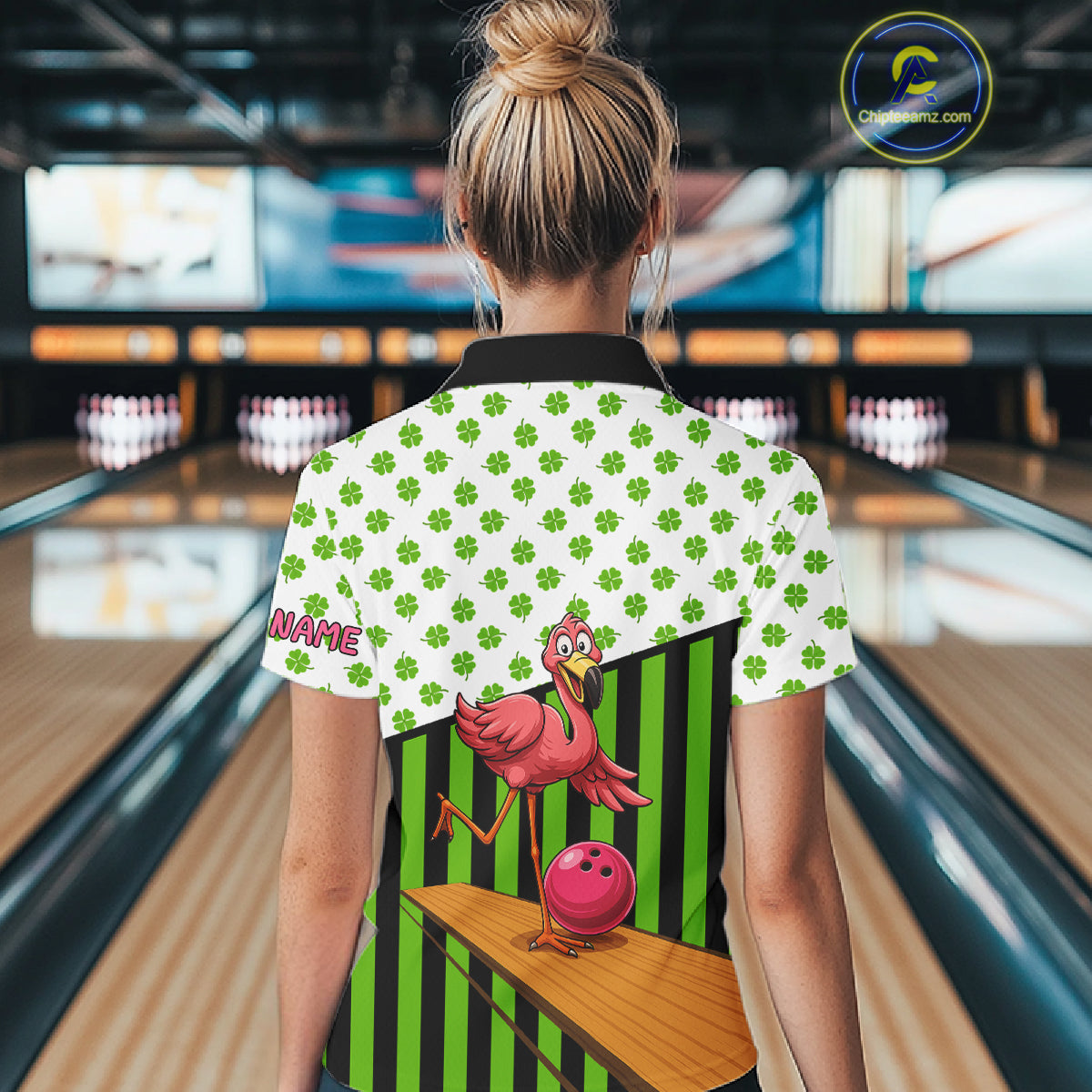 Green shamrock pattern flamingo Bowling shirts for Women Custom St Patrick's Day Team bowling outfit NQS11247