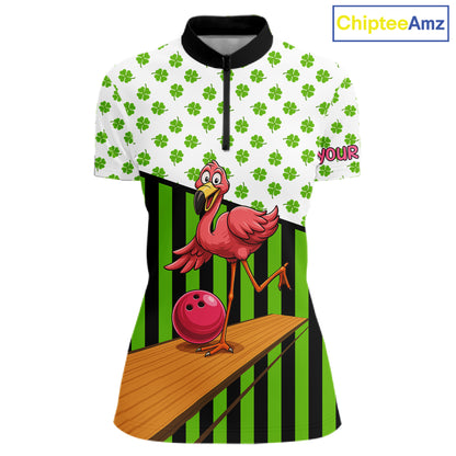Green shamrock pattern flamingo Bowling shirts for Women Custom St Patrick's Day Team bowling outfit NQS11247