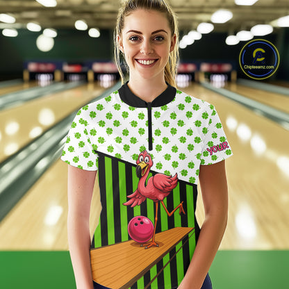 Green shamrock pattern flamingo Bowling shirts for Women Custom St Patrick's Day Team bowling outfit NQS11247