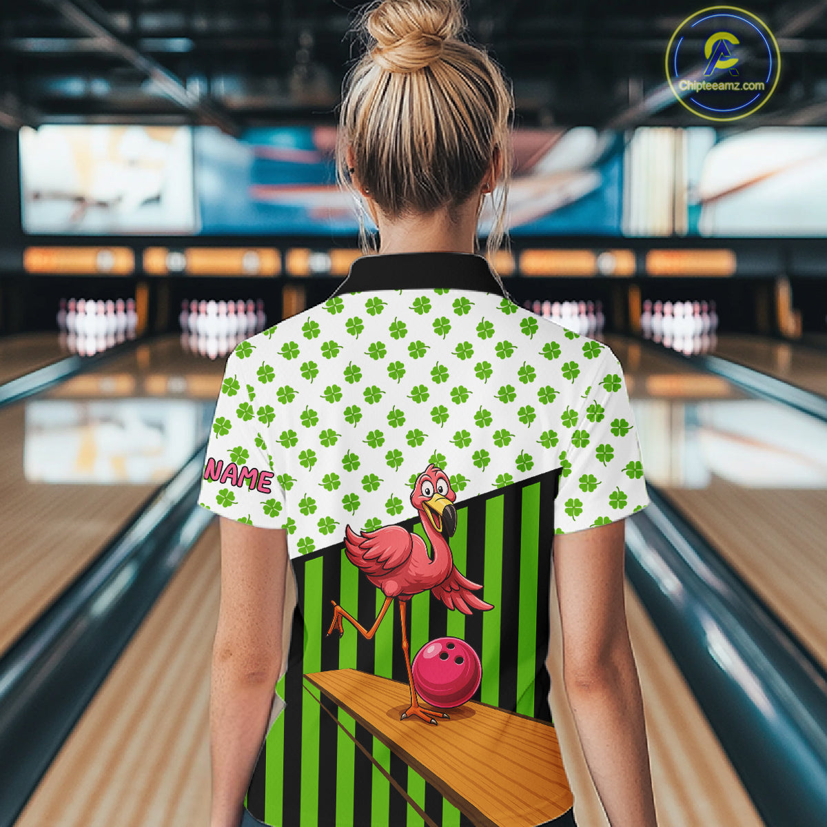 Green shamrock pattern flamingo Bowling shirts for Women Custom St Patrick's Day Team bowling outfit NQS11247