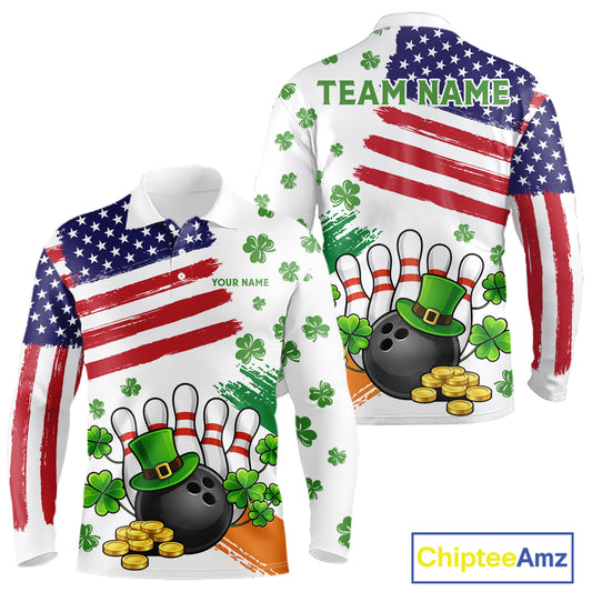 American Flag St Patrick's Day Clover Bowling polo, 1/4 zip shirt for men Custom team bowling jersey NQS11452