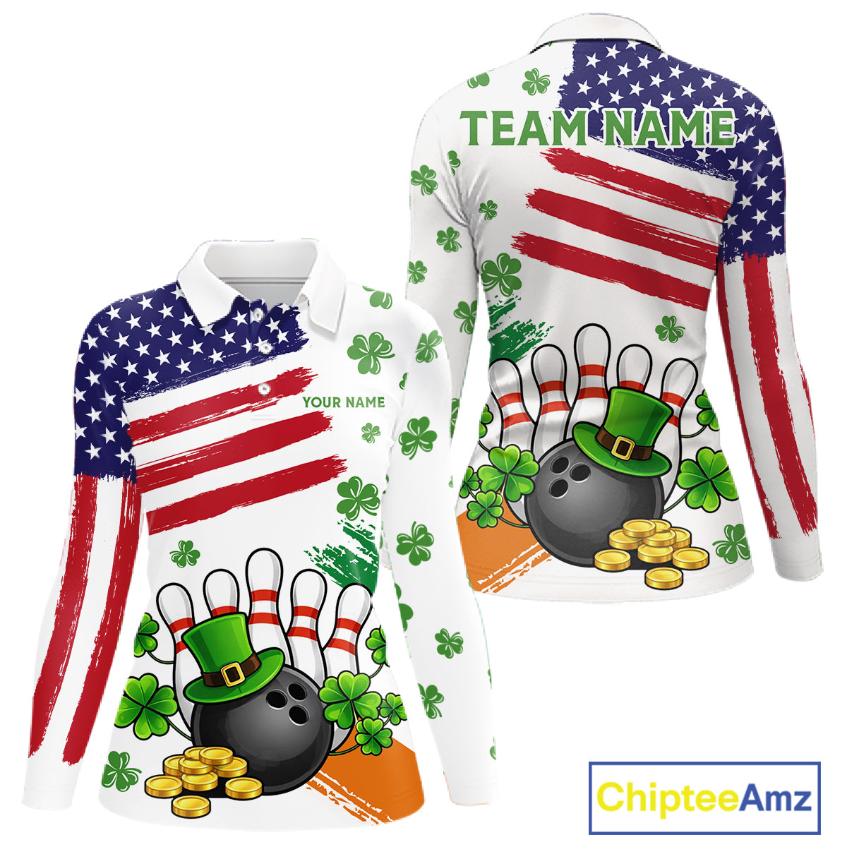 American Flag St Patricks Day Clover Bowling polo, 1/4 zip shirt for women Custom team bowling jersey NQS11452