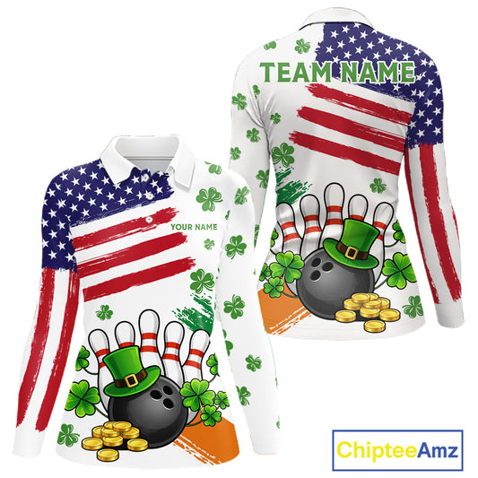 American Flag St Patricks Day Clover Bowling polo, 1/4 zip shirt for women Custom team bowling jersey NQS11452