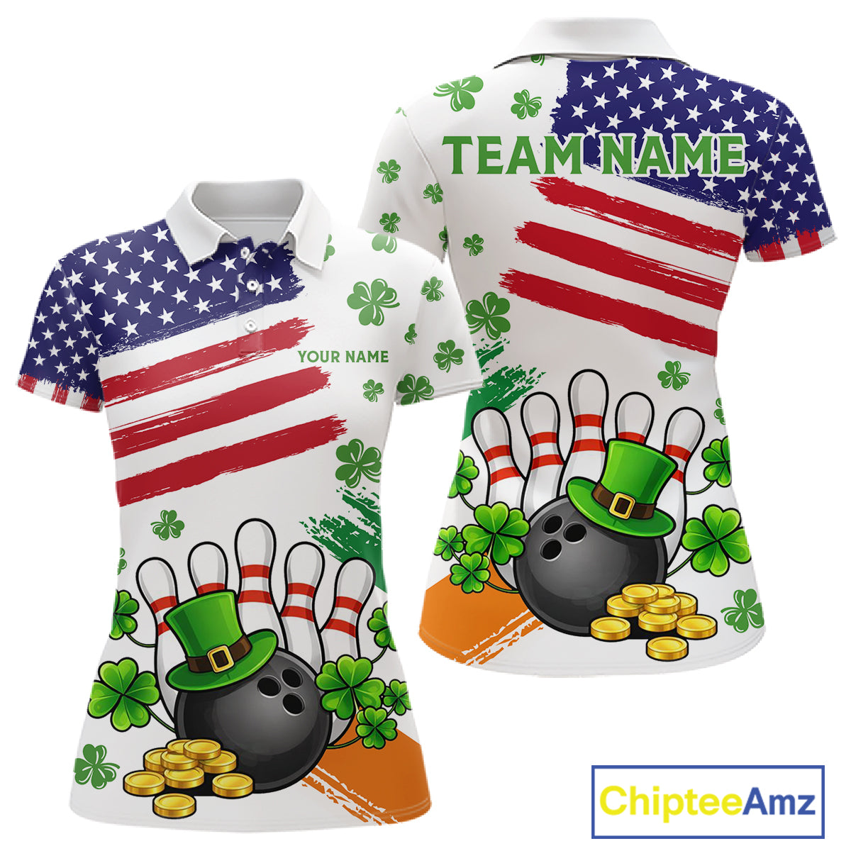 American Flag St Patricks Day Clover Bowling polo, 1/4 zip shirt for women Custom team bowling jersey NQS11452