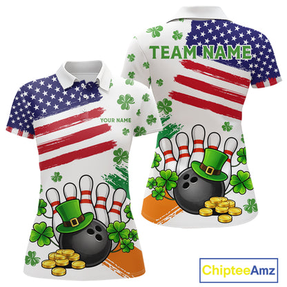 American Flag St Patricks Day Clover Bowling polo, 1/4 zip shirt for women Custom team bowling jersey NQS11452