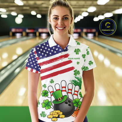 American Flag St Patricks Day Clover Bowling polo, 1/4 zip shirt for women Custom team bowling jersey NQS11452