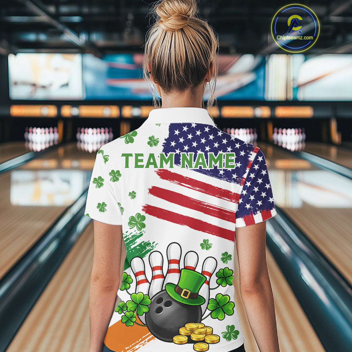 American Flag St Patricks Day Clover Bowling polo, 1/4 zip shirt for women Custom team bowling jersey NQS11452