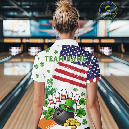 American Flag St Patricks Day Clover Bowling polo, 1/4 zip shirt for women Custom team bowling jersey NQS11452