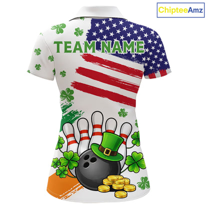 American Flag St Patricks Day Clover Bowling polo, 1/4 zip shirt for women Custom team bowling jersey NQS11452