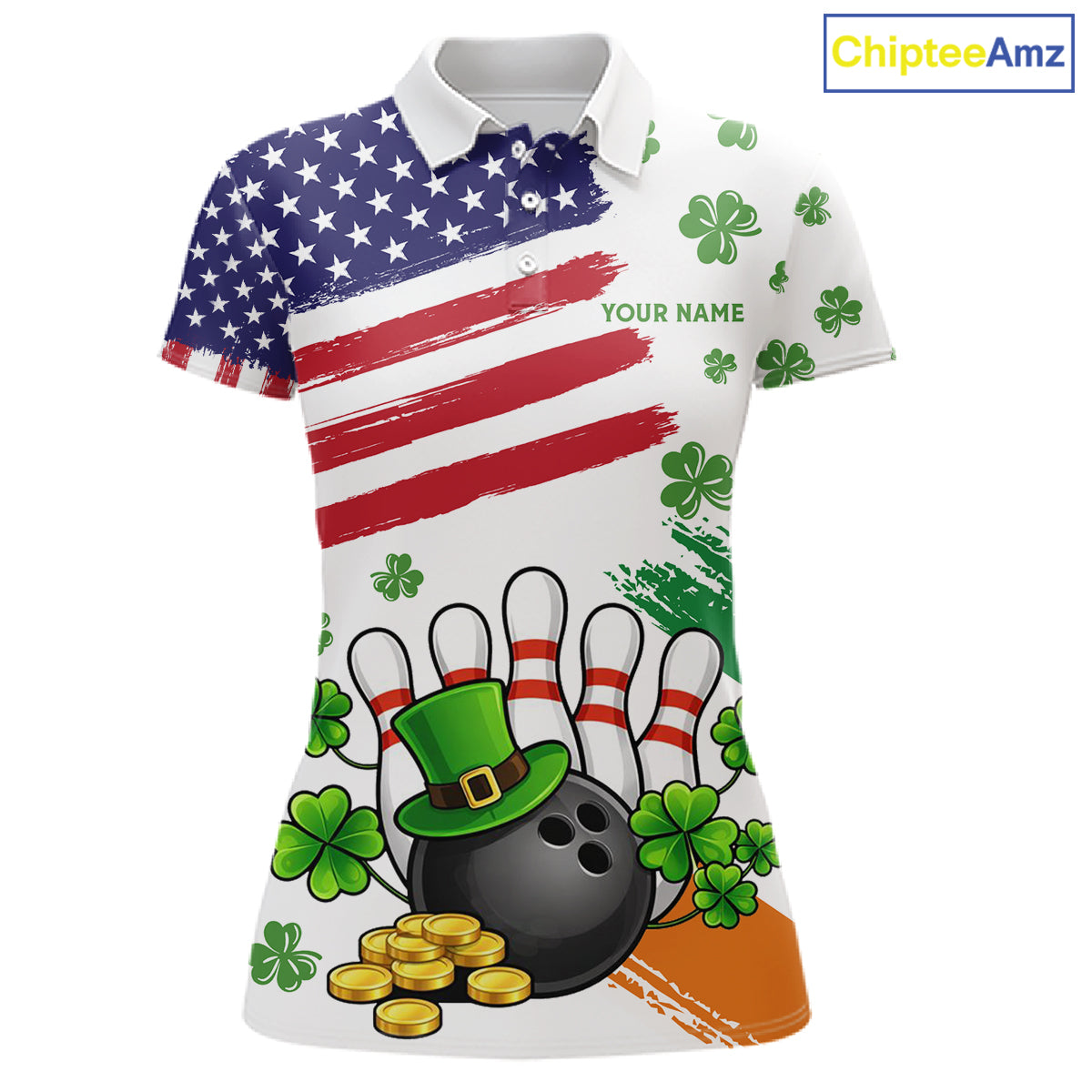 American Flag St Patricks Day Clover Bowling polo, 1/4 zip shirt for women Custom team bowling jersey NQS11452